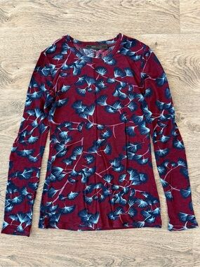 BCBGMaxAzria Burgundy Long Sleeve Top with Blue Floral Print